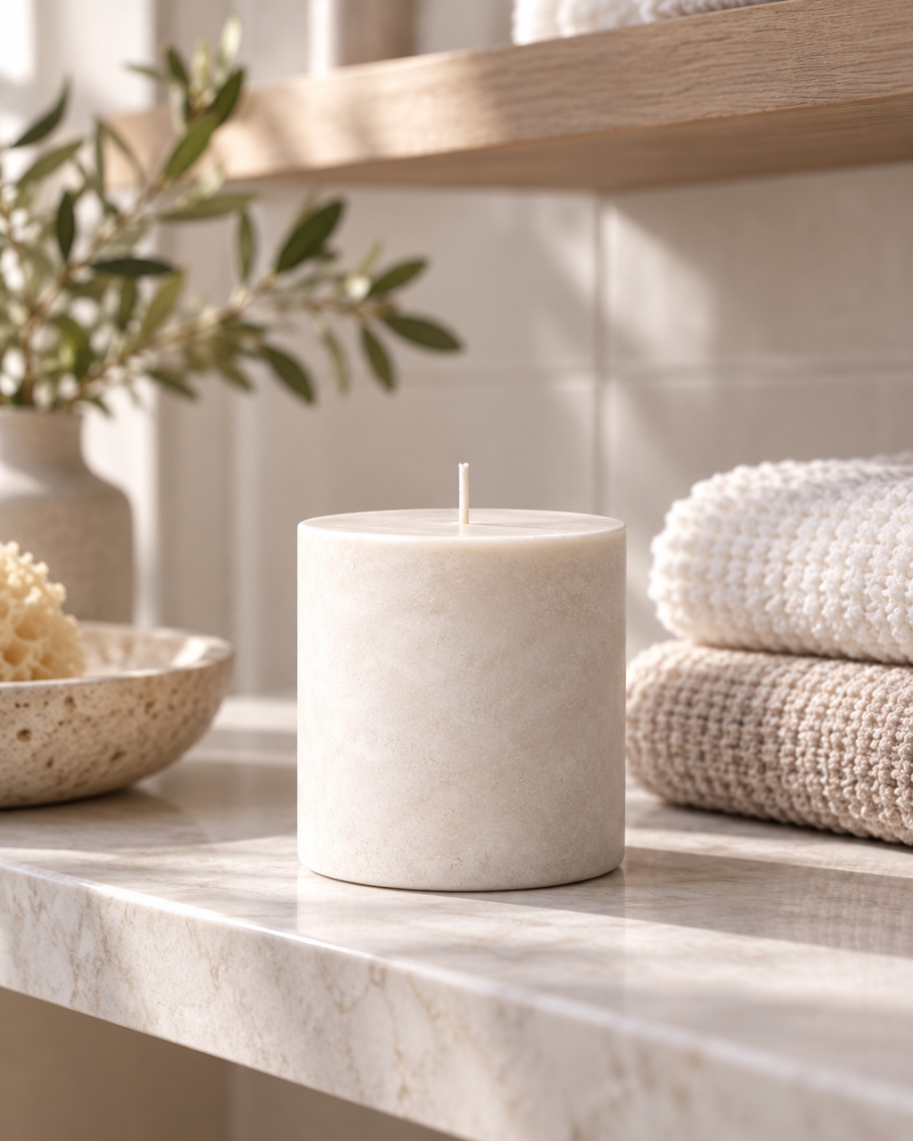 Unlit Luxe & Little soy candle refill shown without a vessel in a bright bathroom setting