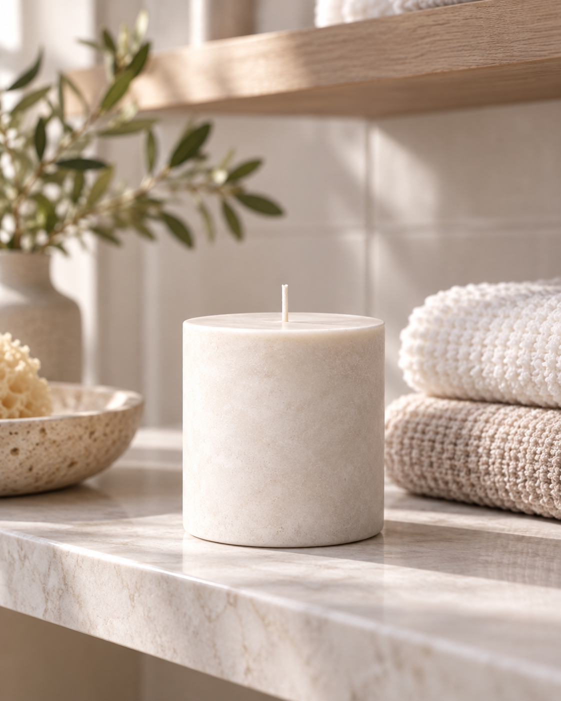 Unlit Luxe & Little soy candle refill shown without a vessel in a bright bathroom setting