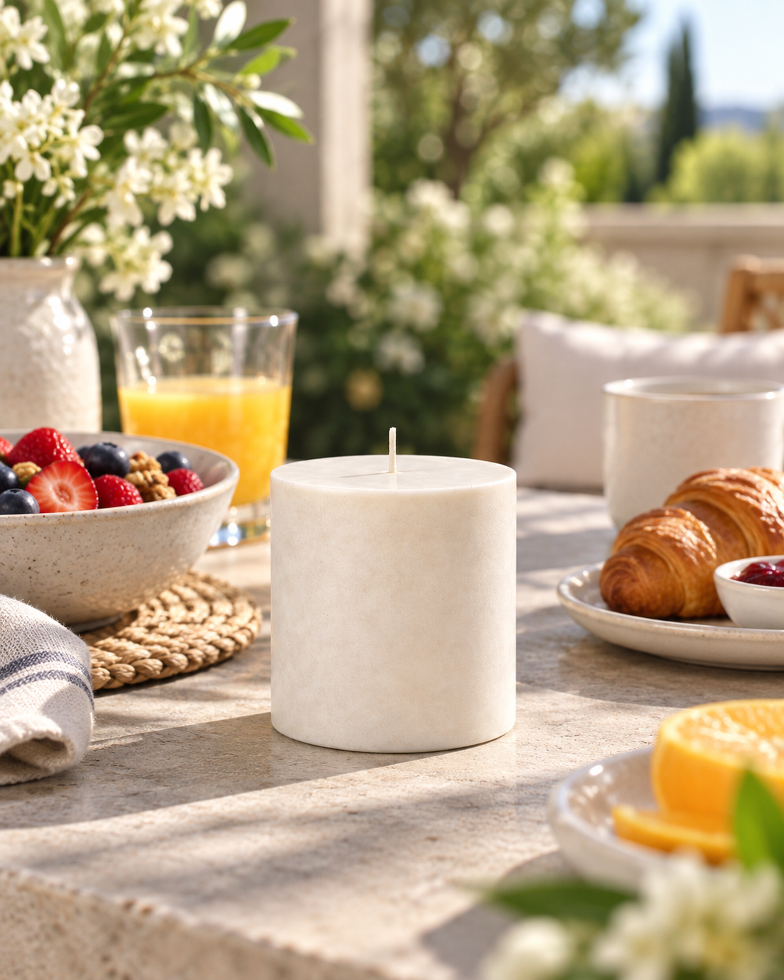 Unlit Luxe & Little white soy candle refill photographed by a sunny breakfast table