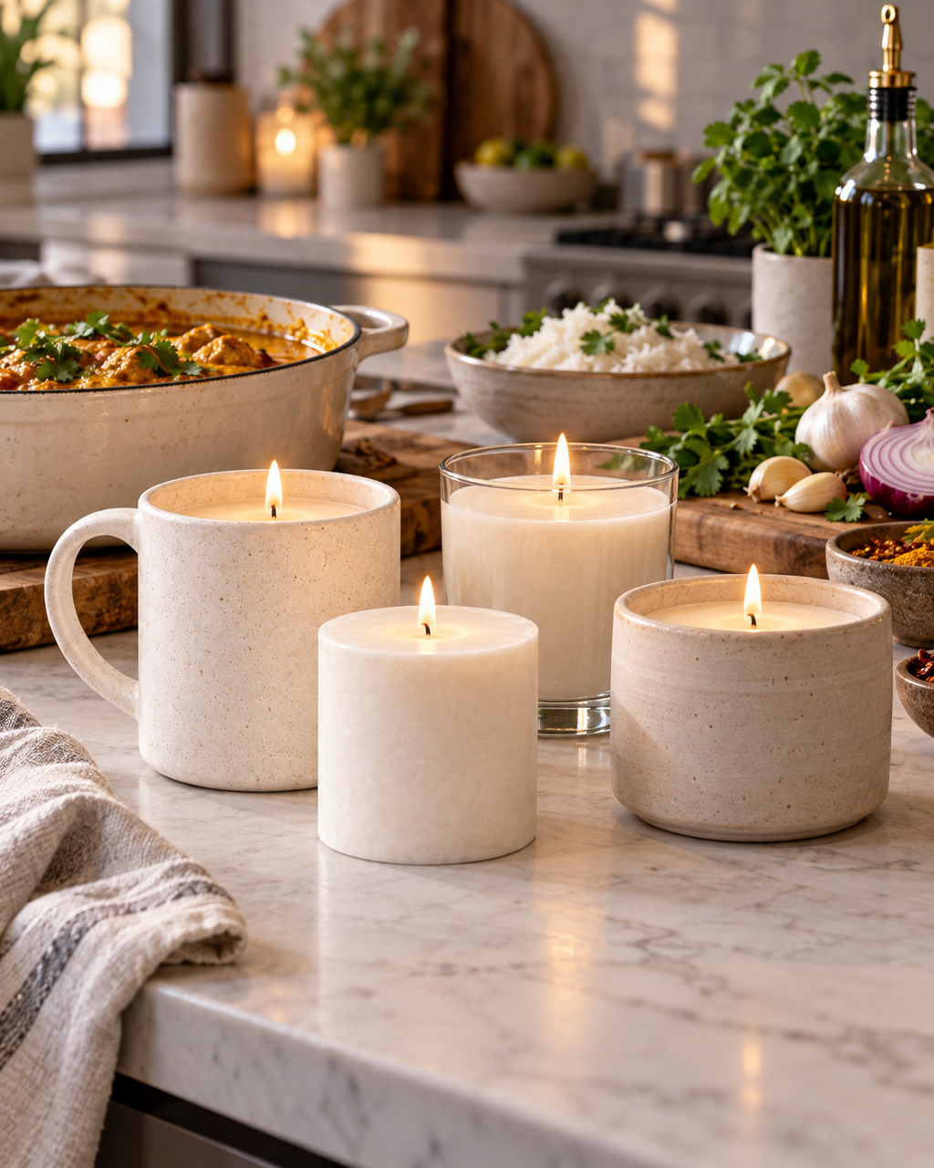 Lifestyle inspiration for Luxe & Little candle refills arranged near a home-cooked meal; pictured vessels are styling props and sold separately
