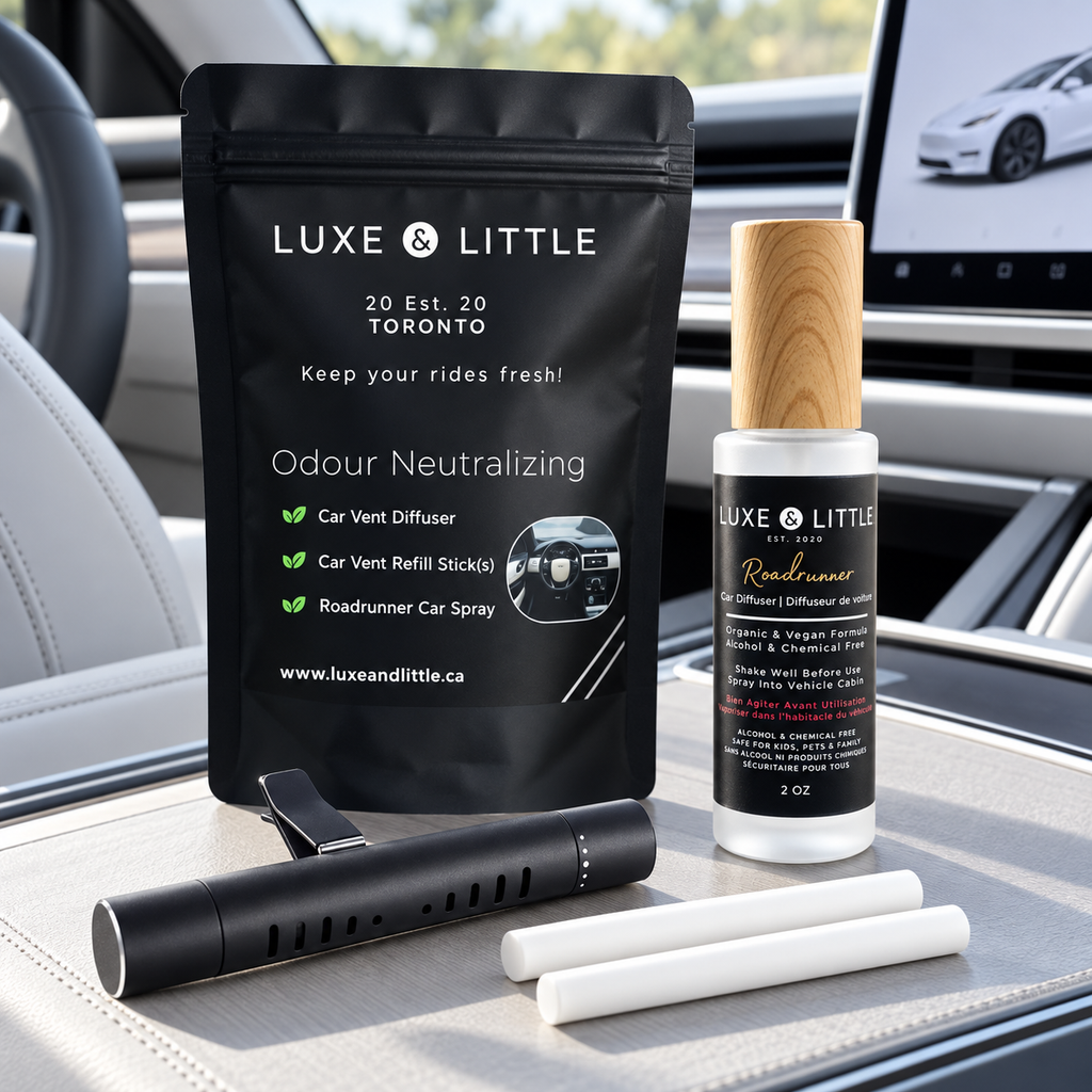 Roadrunner Car Set with pouch, spray, vent diffuser and refill sticks in a light-coloured electric vehicle interior