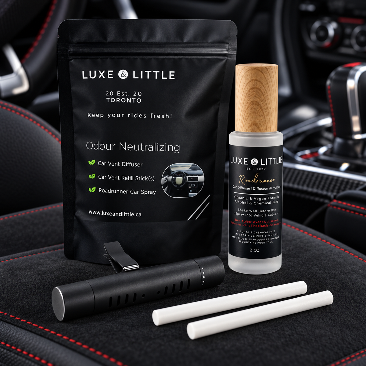 Roadrunner Car Set presented inside a sporty black car with red seat stitching