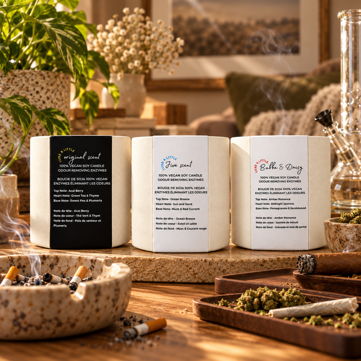 Luxe & Little smoke odour set of three candles on a wooden table