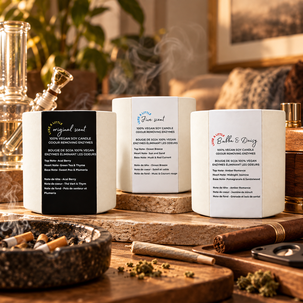 Three Luxe & Little soy candles around smoke odour sources in a living room