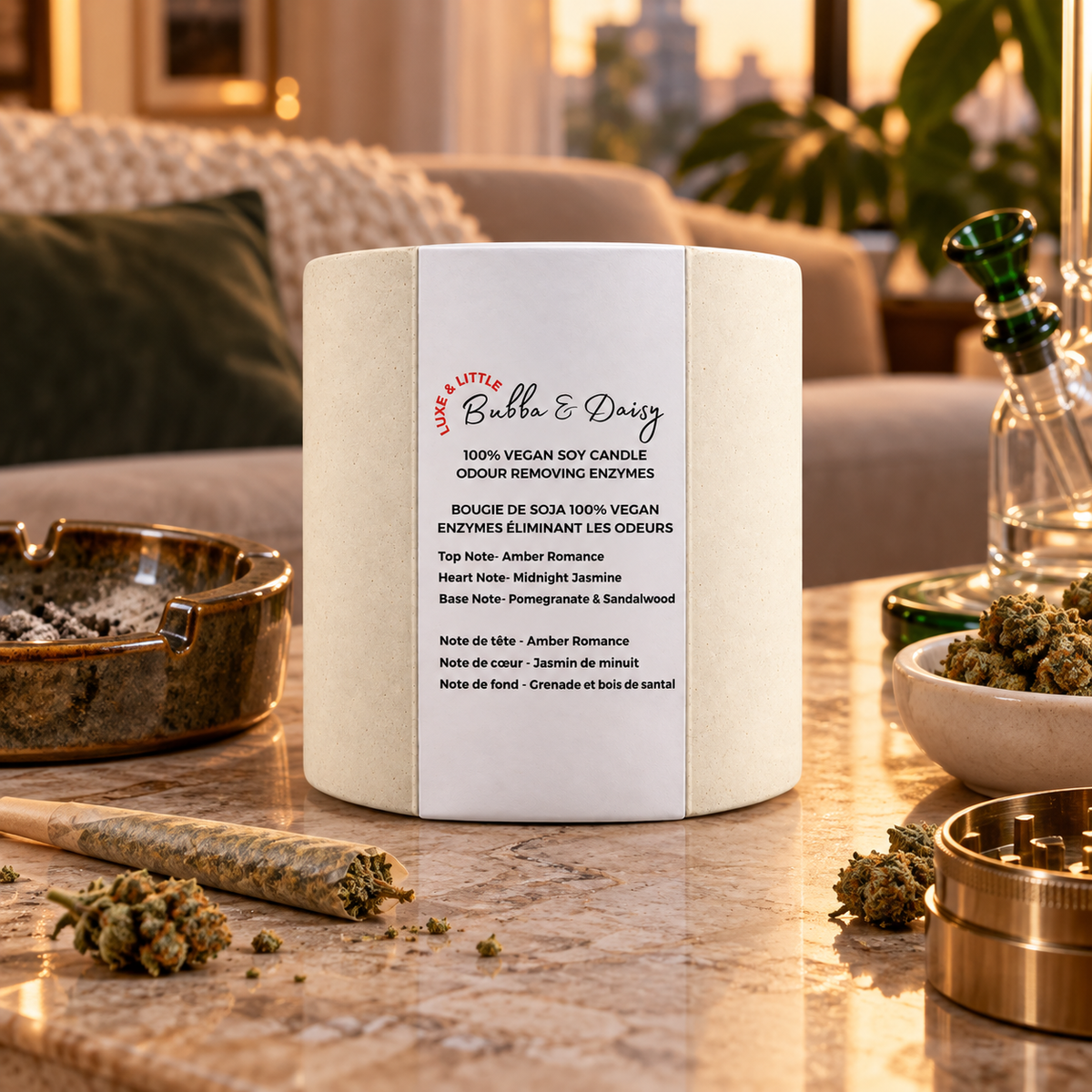 Luxe and Little Bubba and Daisy odour eliminator candle on a home table