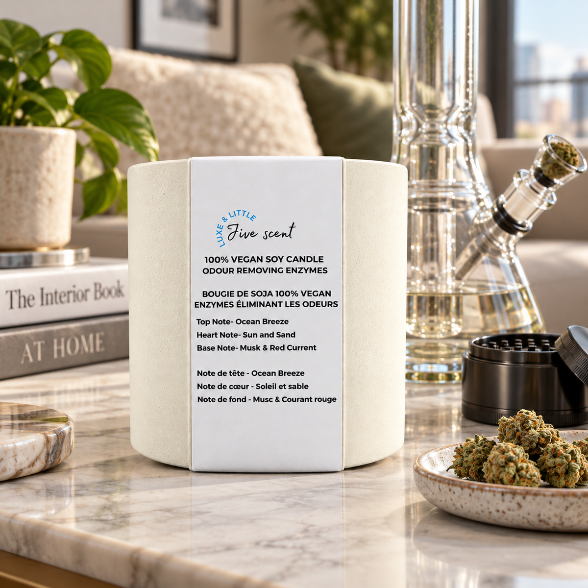 Luxe and Little Jive Scent odour eliminator candle in a stylish home lounge