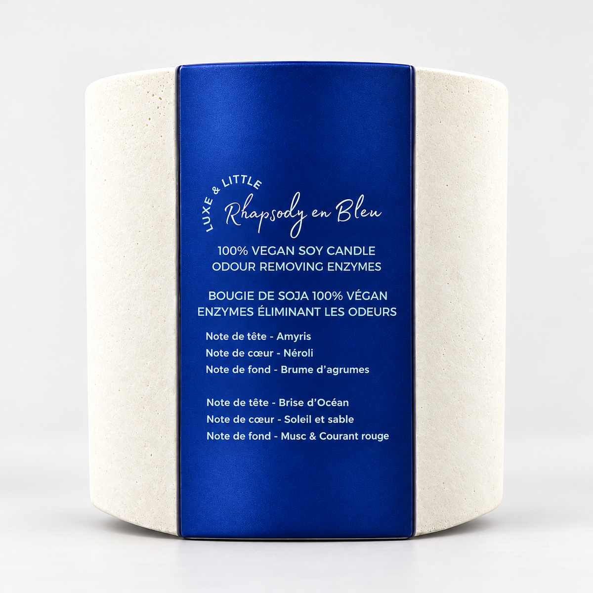 Rhapsody en Bleu unlit candle front view with continuous blue wraparound label