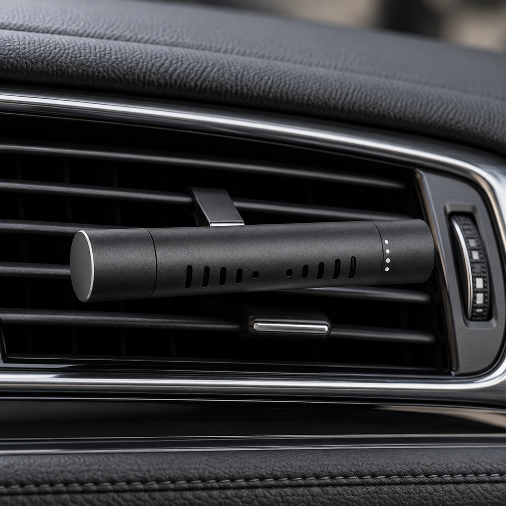 Black Roadrunner vent clip diffuser fitted to a dark car dashboard vent