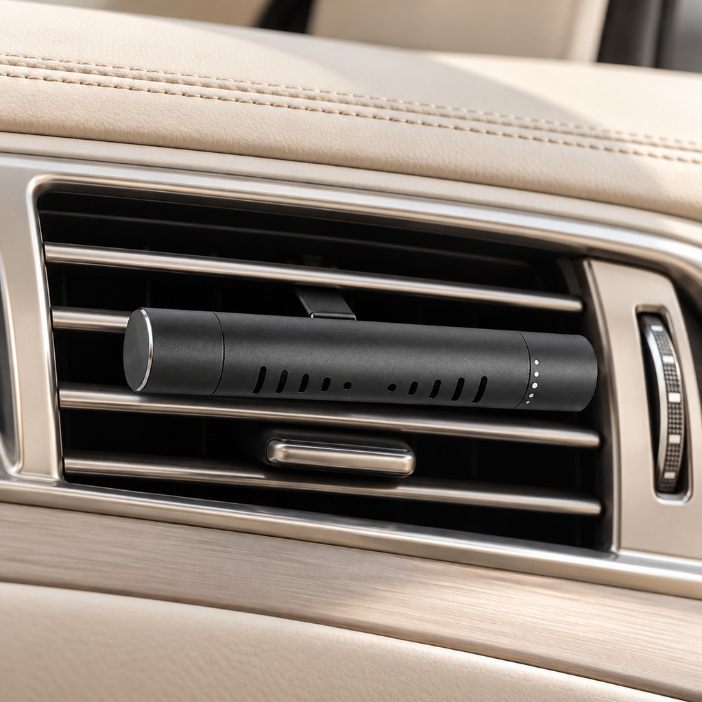 Black Roadrunner vent clip diffuser installed on the dashboard of a light-coloured car
