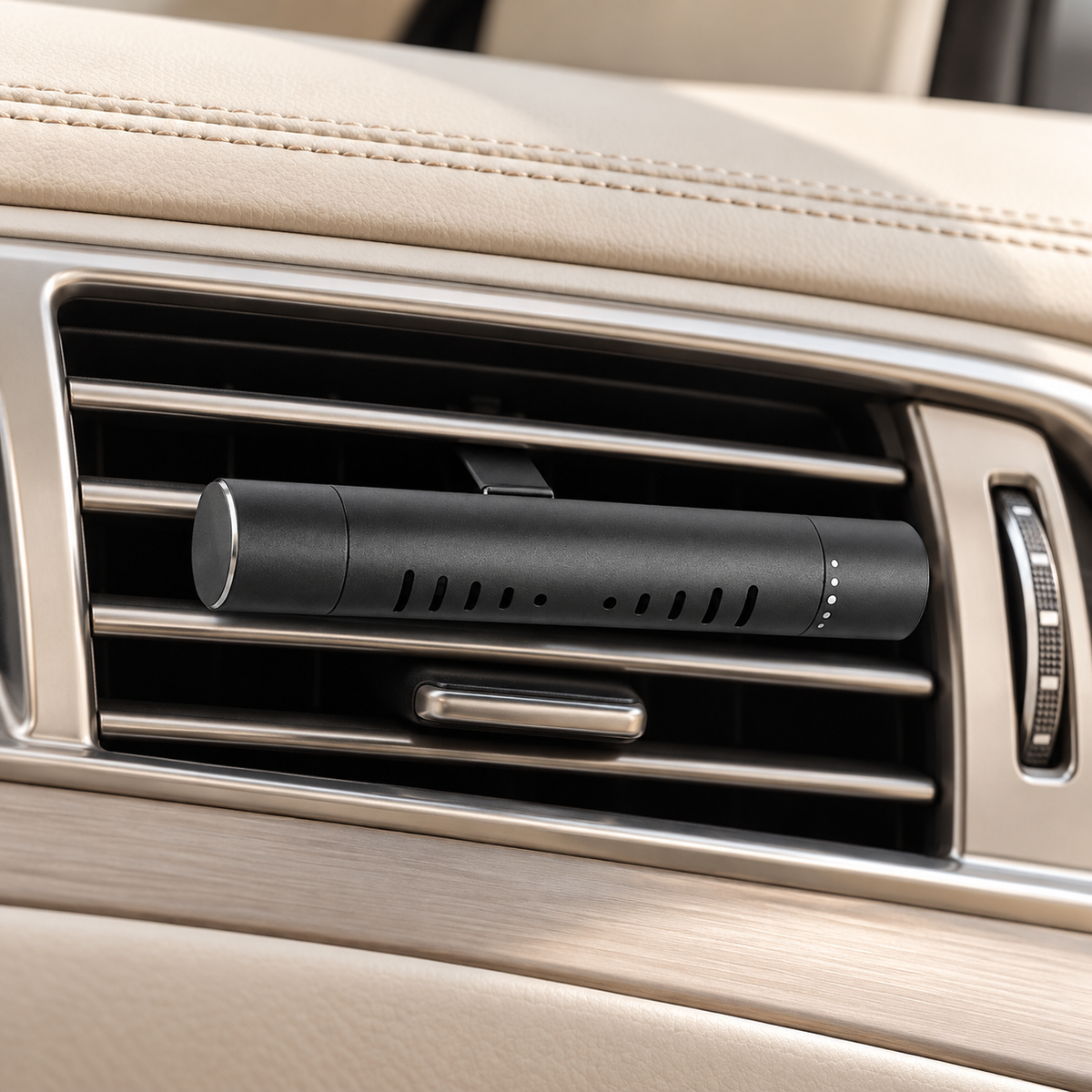 Black Roadrunner vent clip diffuser installed on the dashboard of a light-coloured car