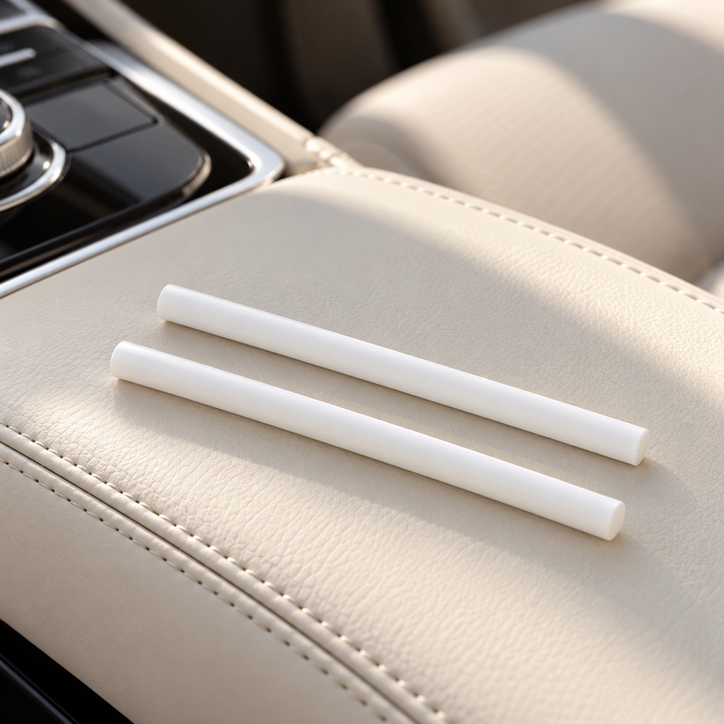 Two slim white Roadrunner diffuser refill sticks on a cream-coloured vehicle console